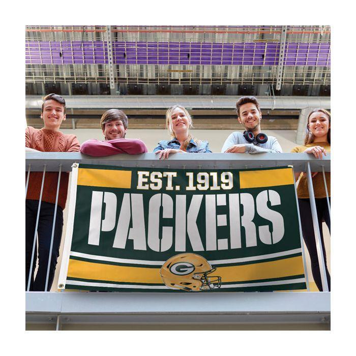 Show your pride of team when you fly our Green Bay Packers Established  3' x 5' Deluxe Flag! Constructed for outdoor use with premium durable fabric, two grommets, and quality stitching including a quad stitched fly end.