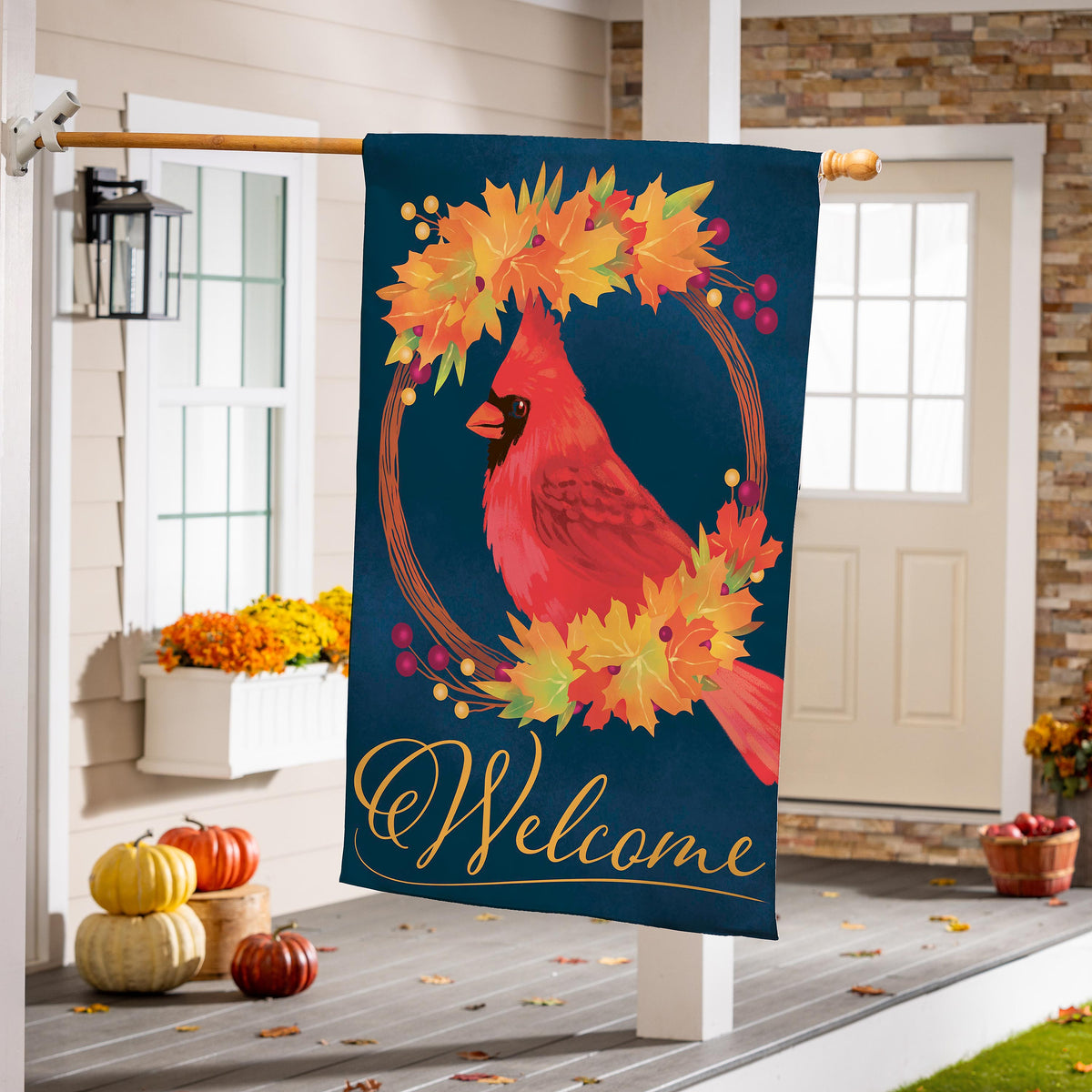 Fall Cardinal Wreath House Banner