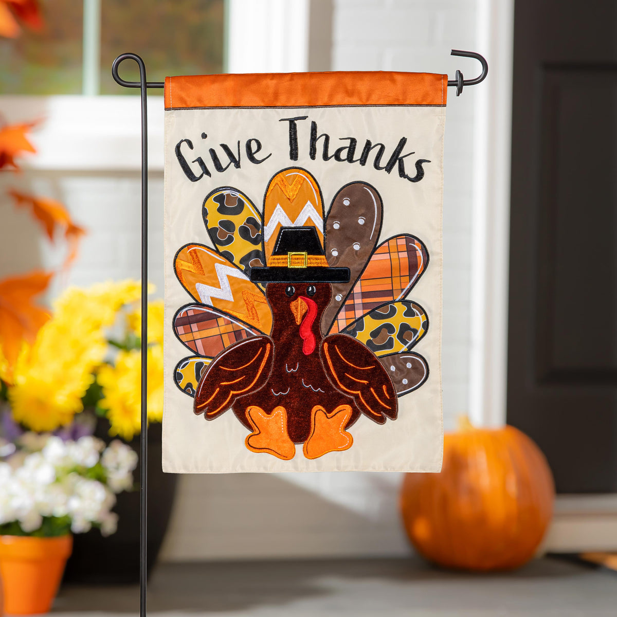 Give Thanks Patterned Turkey Garden Flag