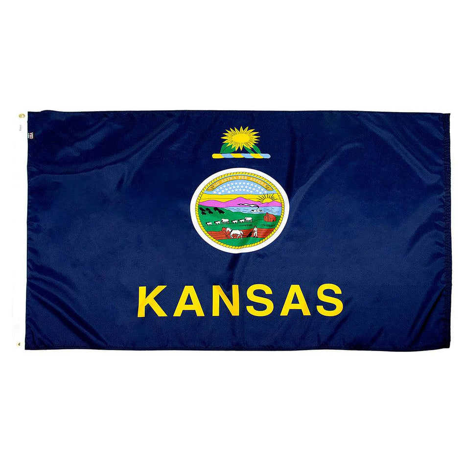 Long-lasting outdoor State of Kansas Flags available in 1x1.5, 2x3, 3x5, 4x6, 5x8, 6x10, 8x12, 10x15 and 12x18 sizes