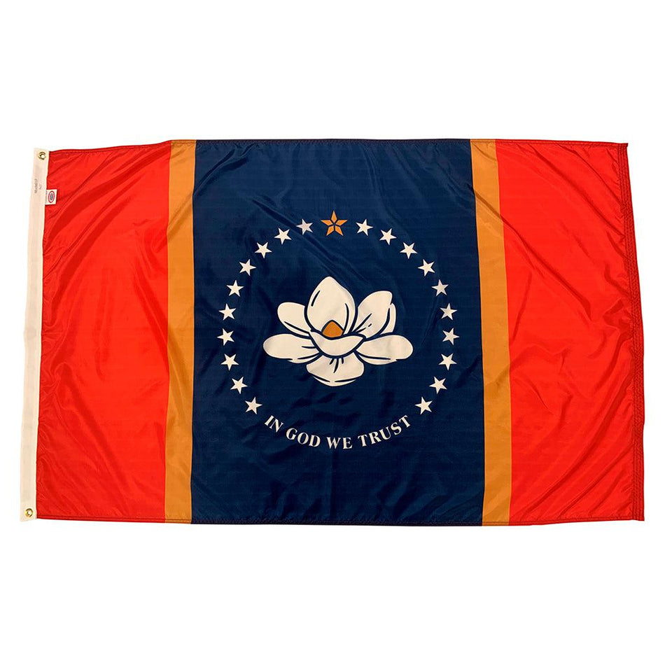 Long-lasting outdoor State of Mississippi Flags available in 1x1.5, 2x3, 3x5, 4x6, 5x8, 6x10, 8x12, and 10x15 sizes