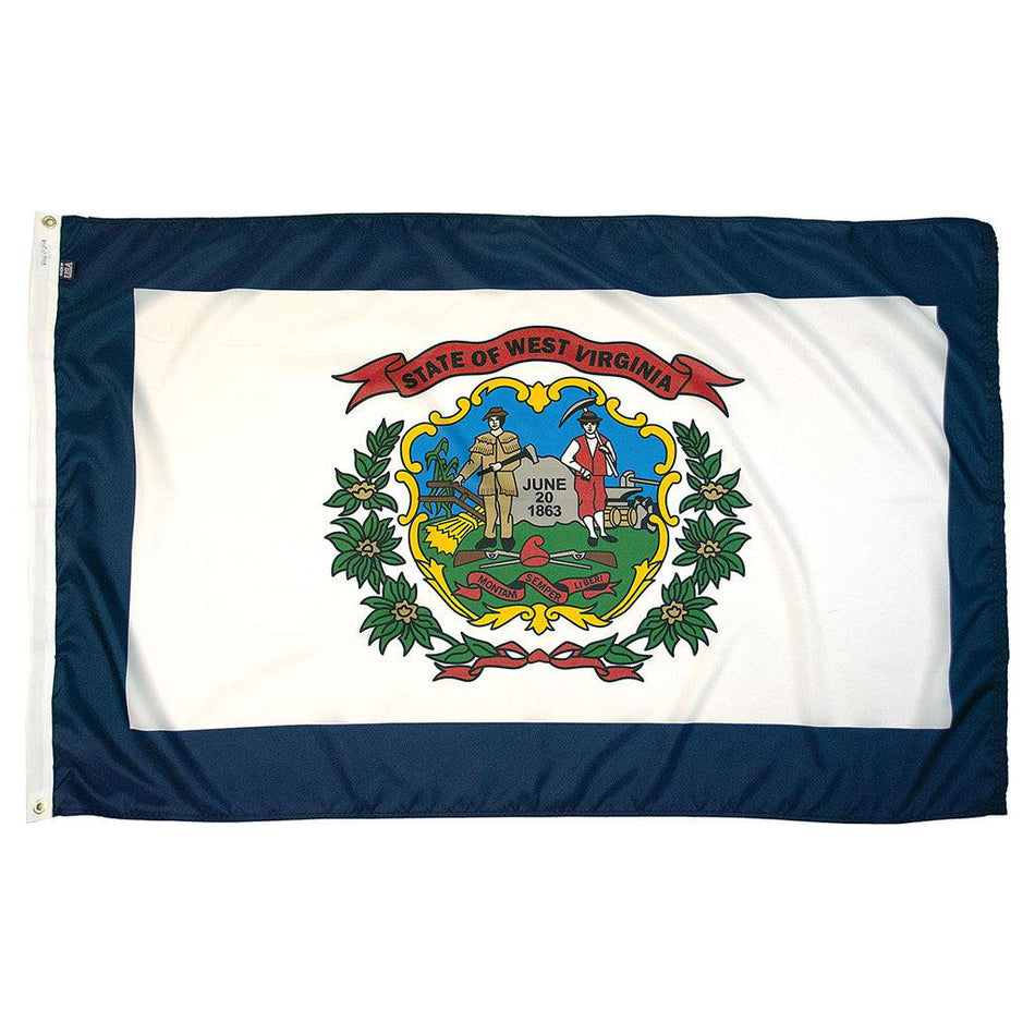 Long-lasting outdoor State of West Virginia Flags are available in 1x1.5, 2x3, 3x5, 4x6, 5x8, 6x10, 8x12, 10x15, and 12x18 sizes