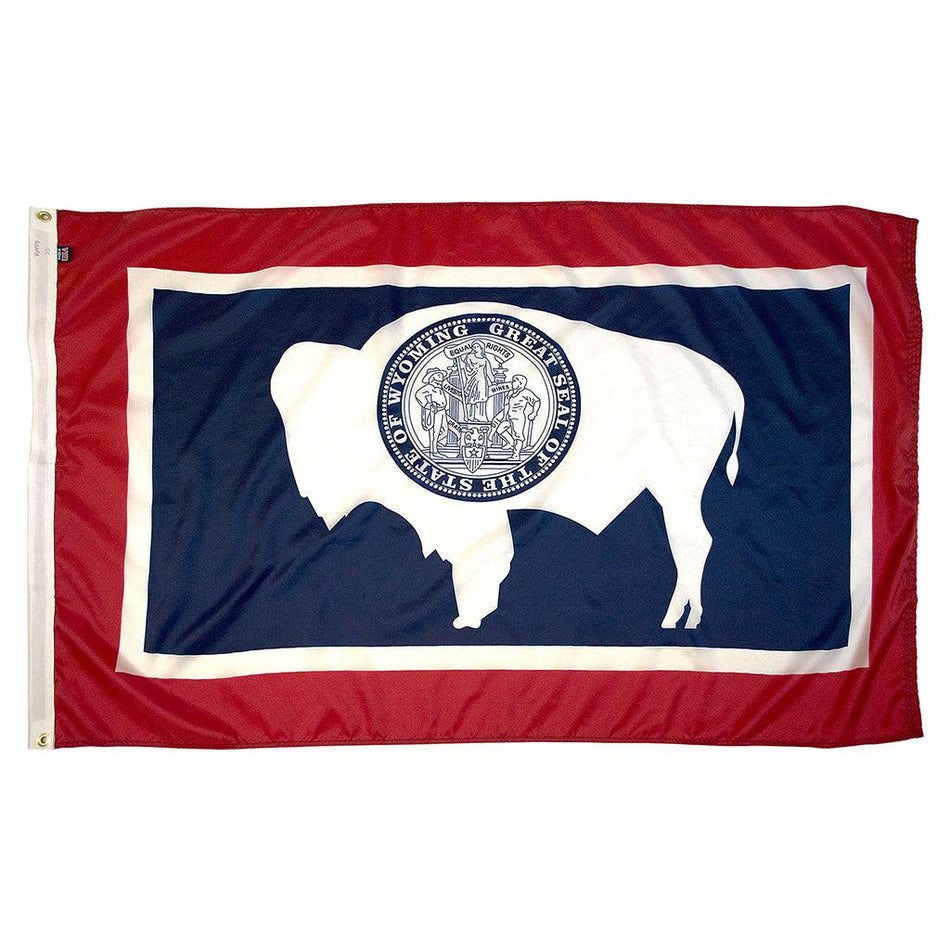 Long-lasting outdoor State of Wyoming Flags are available in 1x1.5, 2x3, 3x5, 4x6, 5x8, 6x10, 8x12, 10x15, and 12x18 sizes