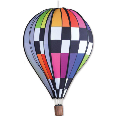 This hanging wind spinner looks just like a hot air balloon in flight! This checkered rainbow balloon measures 17" x 26" and adds a beautiful display to your deck or porch.