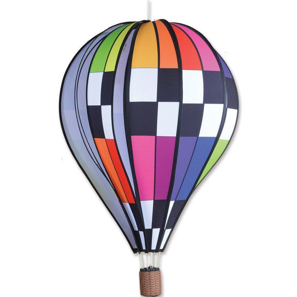 This hanging wind spinner looks just like a hot air balloon in flight! This checkered rainbow balloon measures 17" x 26" and adds a beautiful display to your deck or porch.