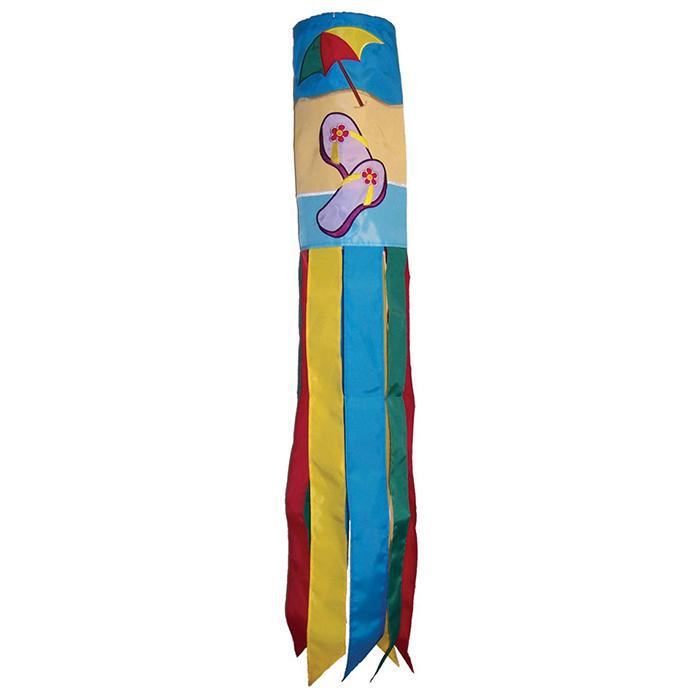 The Beach Scene windsock features flip flops, umbrella, and sun on the beach with 8 multi-colored coordinating tails with sewn edges.