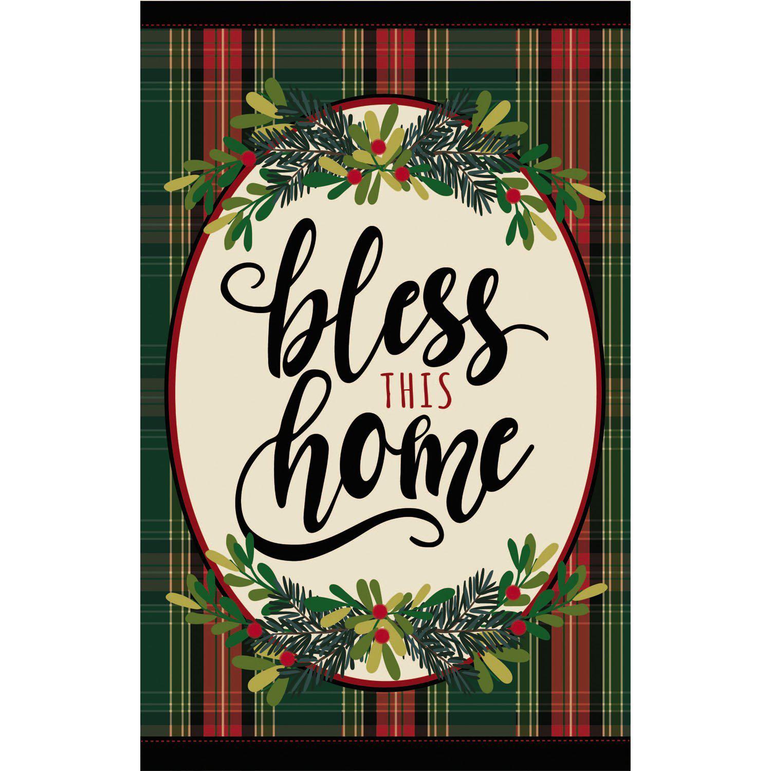 The Bless This Home Plaid garden flag features a green and red plaid background and the words "Bless This Home" framed by greenery and berries.
