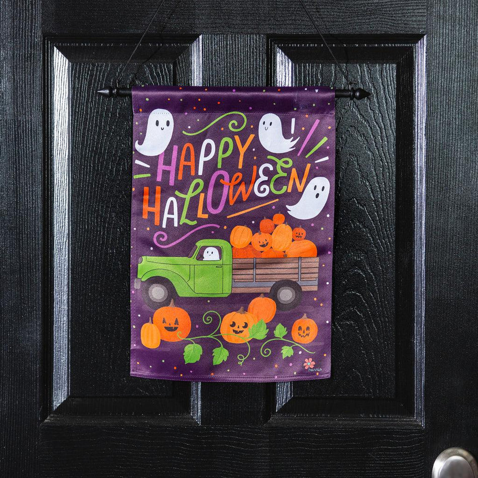 The Boo Truck garden flag features ghosts, a truck full of pumpkins, and the words "Happy Halloween".