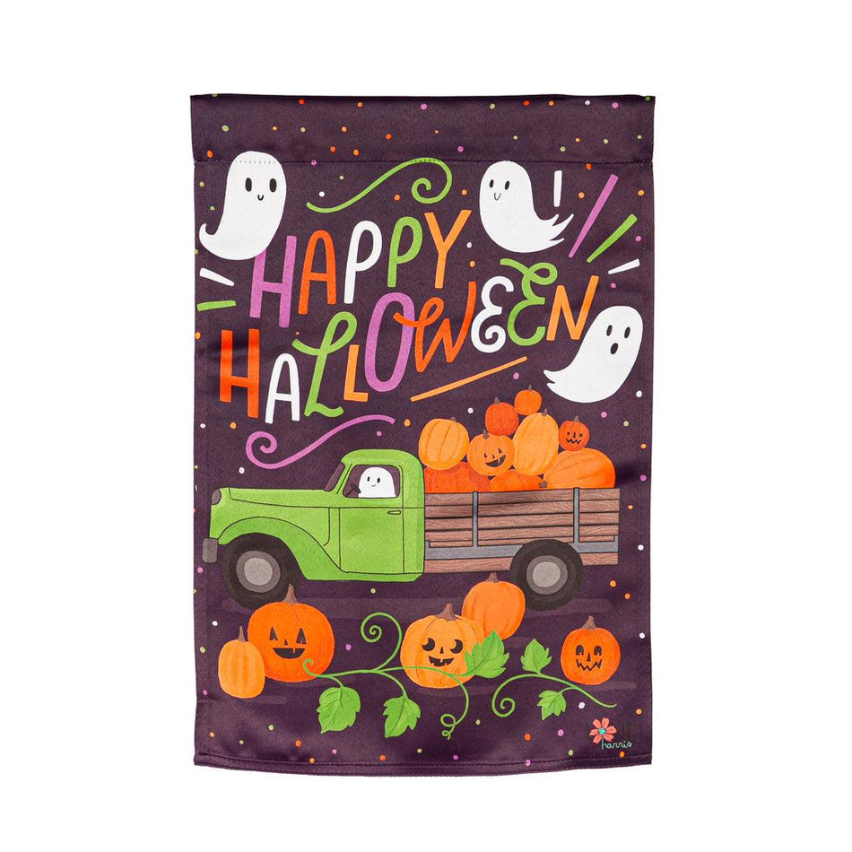 The Boo Truck garden flag features ghosts, a truck full of pumpkins, and the words "Happy Halloween".
