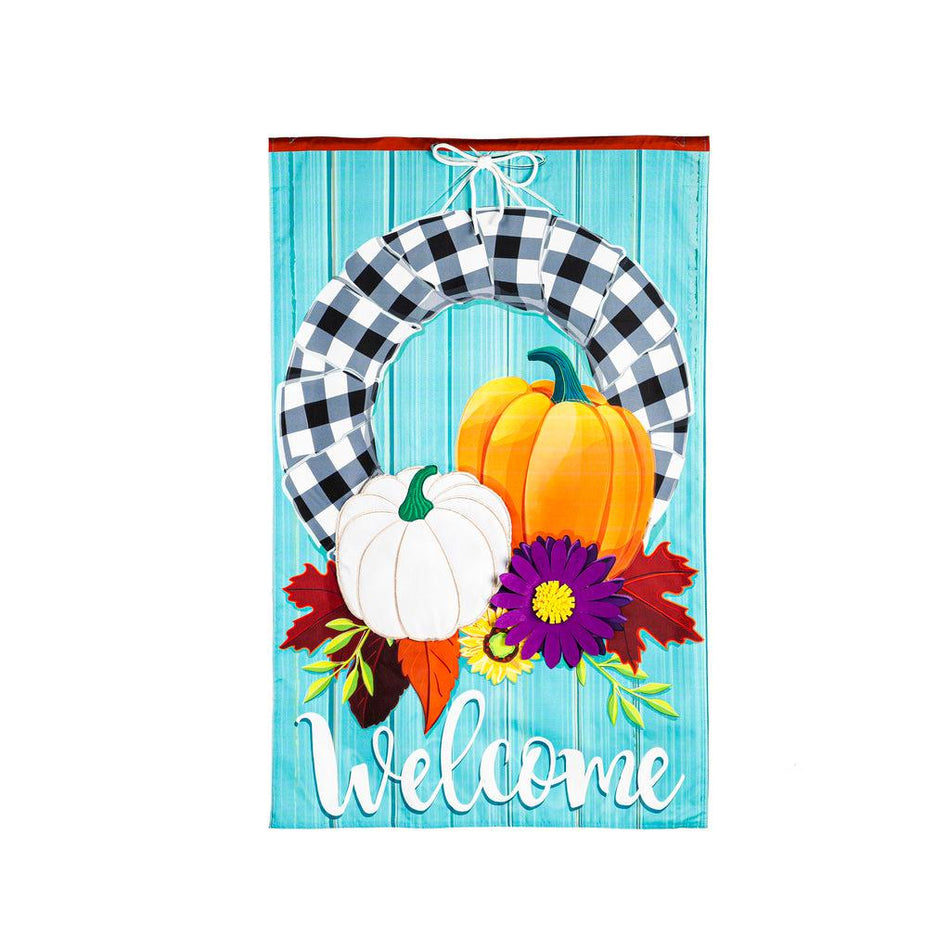 Our Buffalo Check Fall Wreath house banner features a black and white checked wreath decorated with pumpkin and flowers and the word "Welcome".