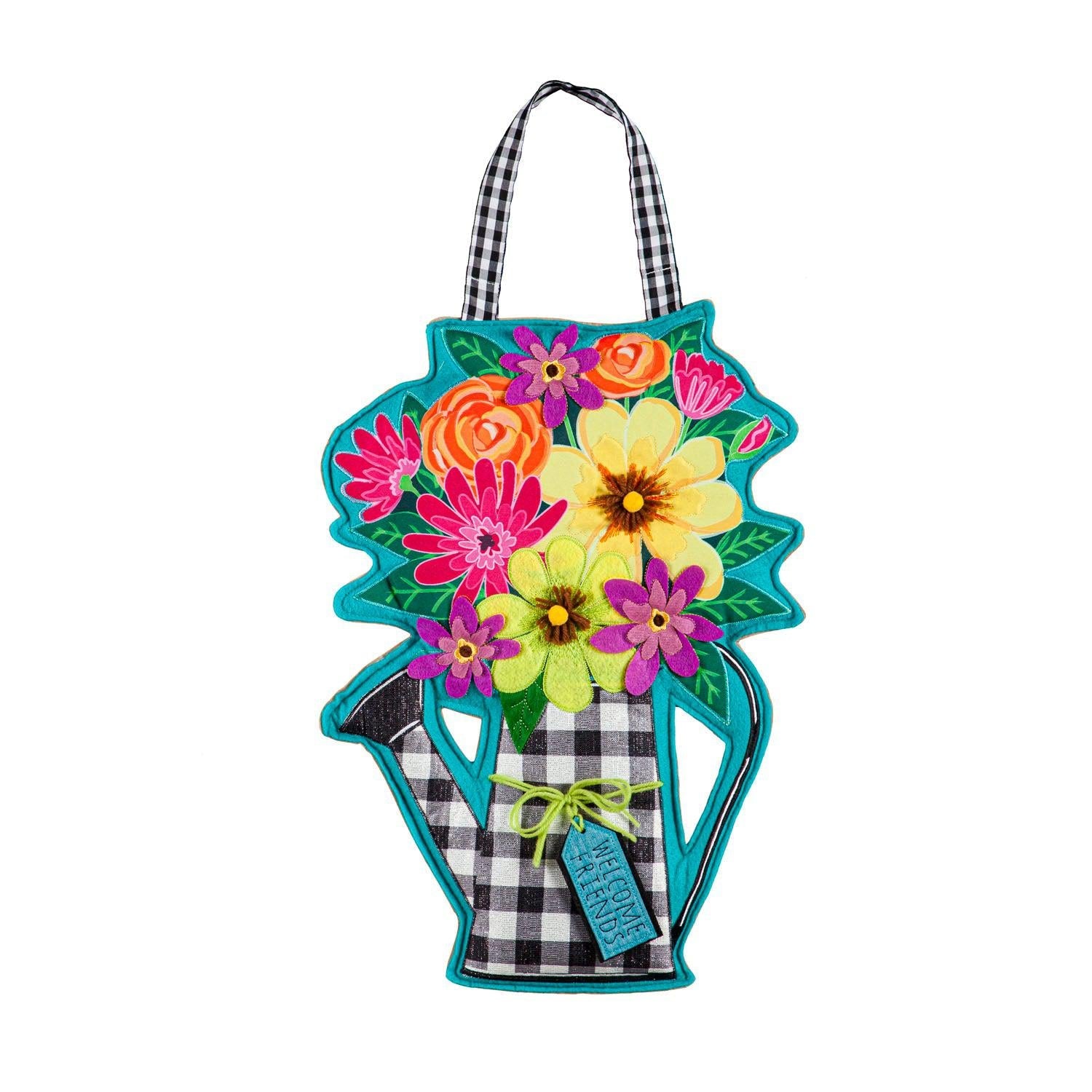 The Buffalo Check Watering Can door décor features a black checked watering can holding a bouquet of flowers and a tag with the words "Welcome Friends". 