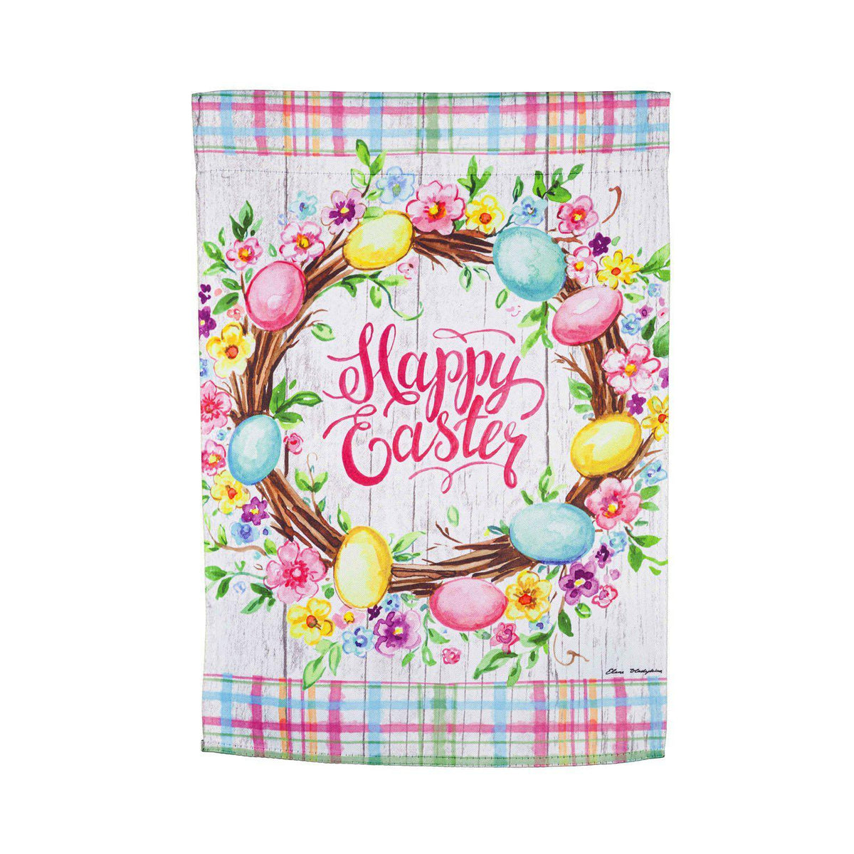 The Easter Floral Wreath house banner features a grapevine wreath of colored eggs and spring flowers and the words "Happy Easter". 