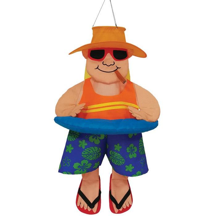The 3D Float Man With Cigar windsock has detailed appliquéd design and embroidered accents. Measuring 30”, this windsock features a man in swim trunks, tank top, flip-flops, hat and sunglasses smoking a cigar and wearing an inner tube around his belly.