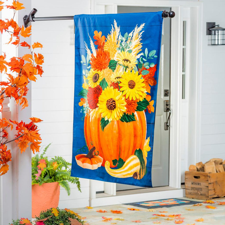 Our Floral Pumpkin house banner features a pumpkin bursting with fall flowers.