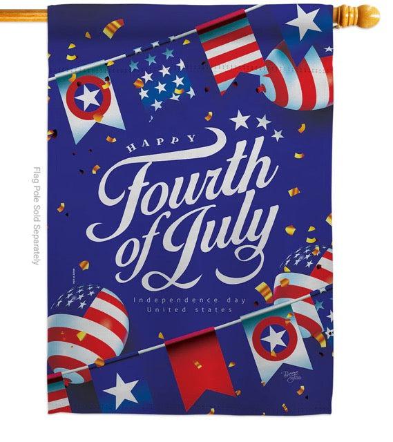 The Fourth of July house banner features red, white, and blue flags and balloons as well as the words "Happy Fourth of July".