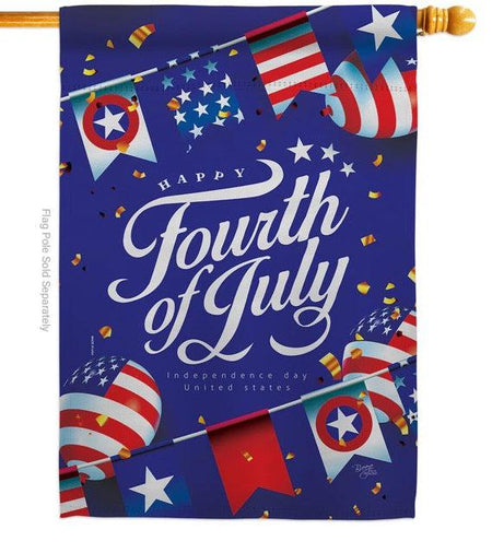 The Fourth of July house banner features red, white, and blue flags and balloons as well as the words "Happy Fourth of July".