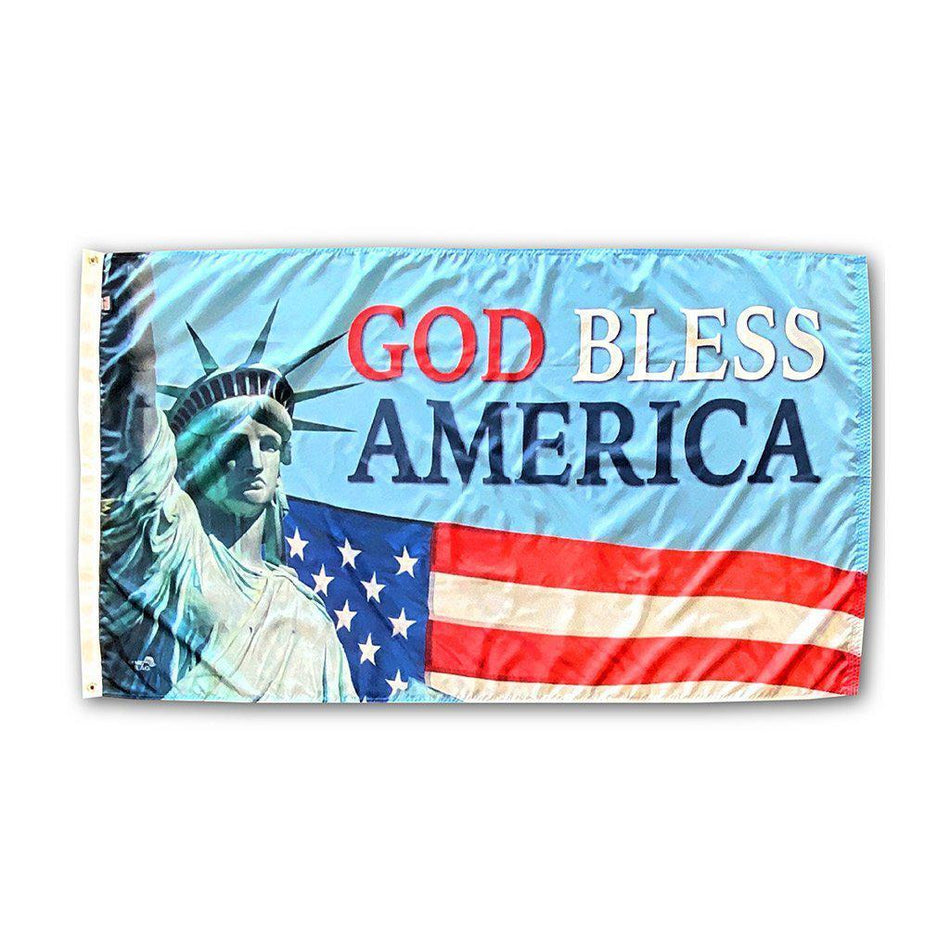 Our God Bless America 3' x 5' Flag features the Statue of Liberty, the American Flag, and "God Bless America" saying.