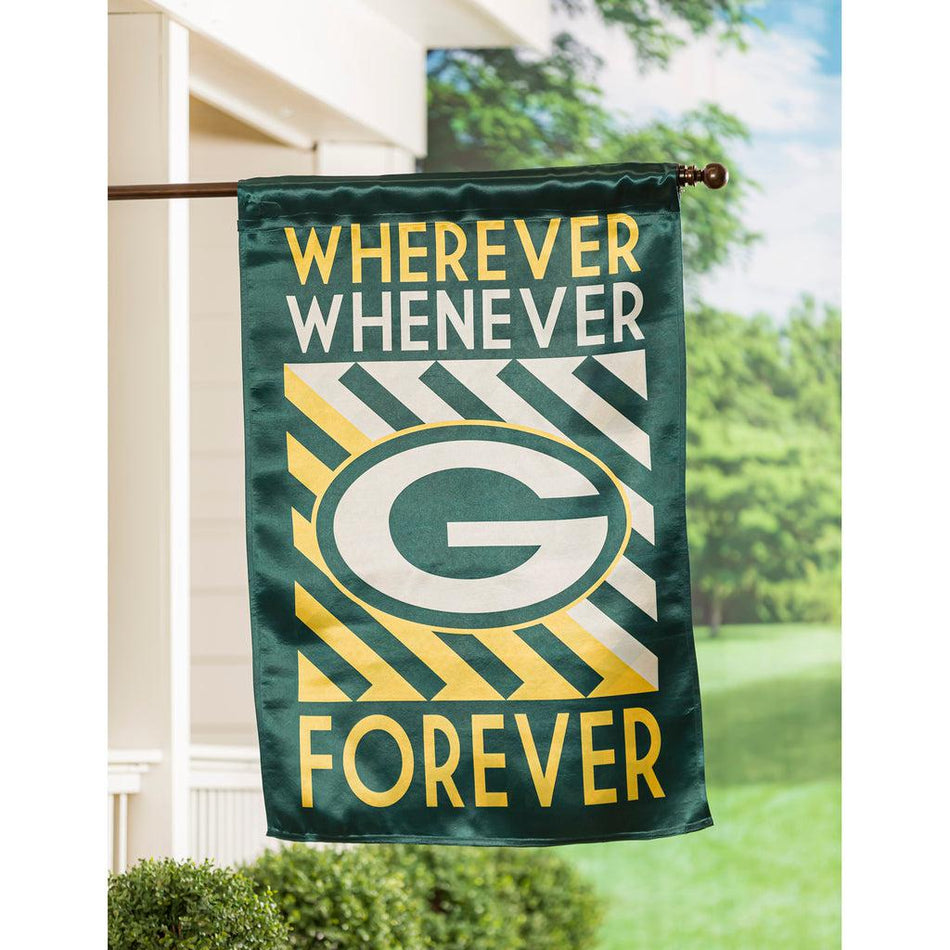 The Green Bay Packers WWF Fan house banner features the "G" logo over a green, gold, and white striped background and the words "Wherever, Whenever, Forever".