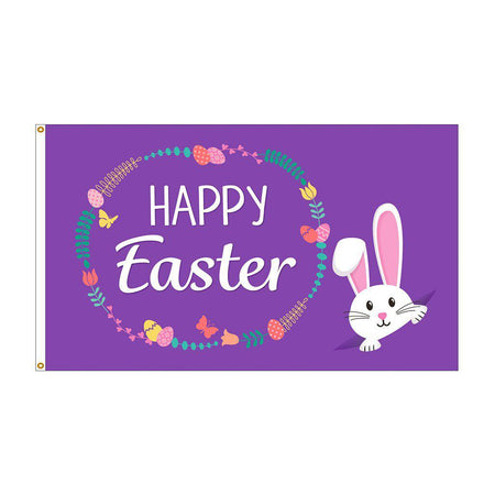 Our Happy Easter Wreath 3' x 5' flag  features a cute bunny peeking out from the corner, eggs and flowers in a wreath design , and "Happy Easter" message on a purple background.