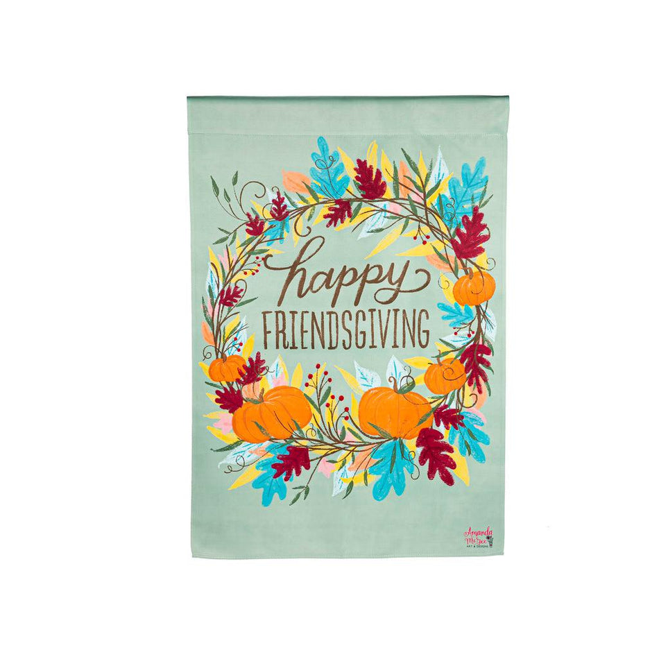 The Happy Friendsgiving house banner features a wreath of fall leaves and pumpkins around the words "Happy Friendsgiving".