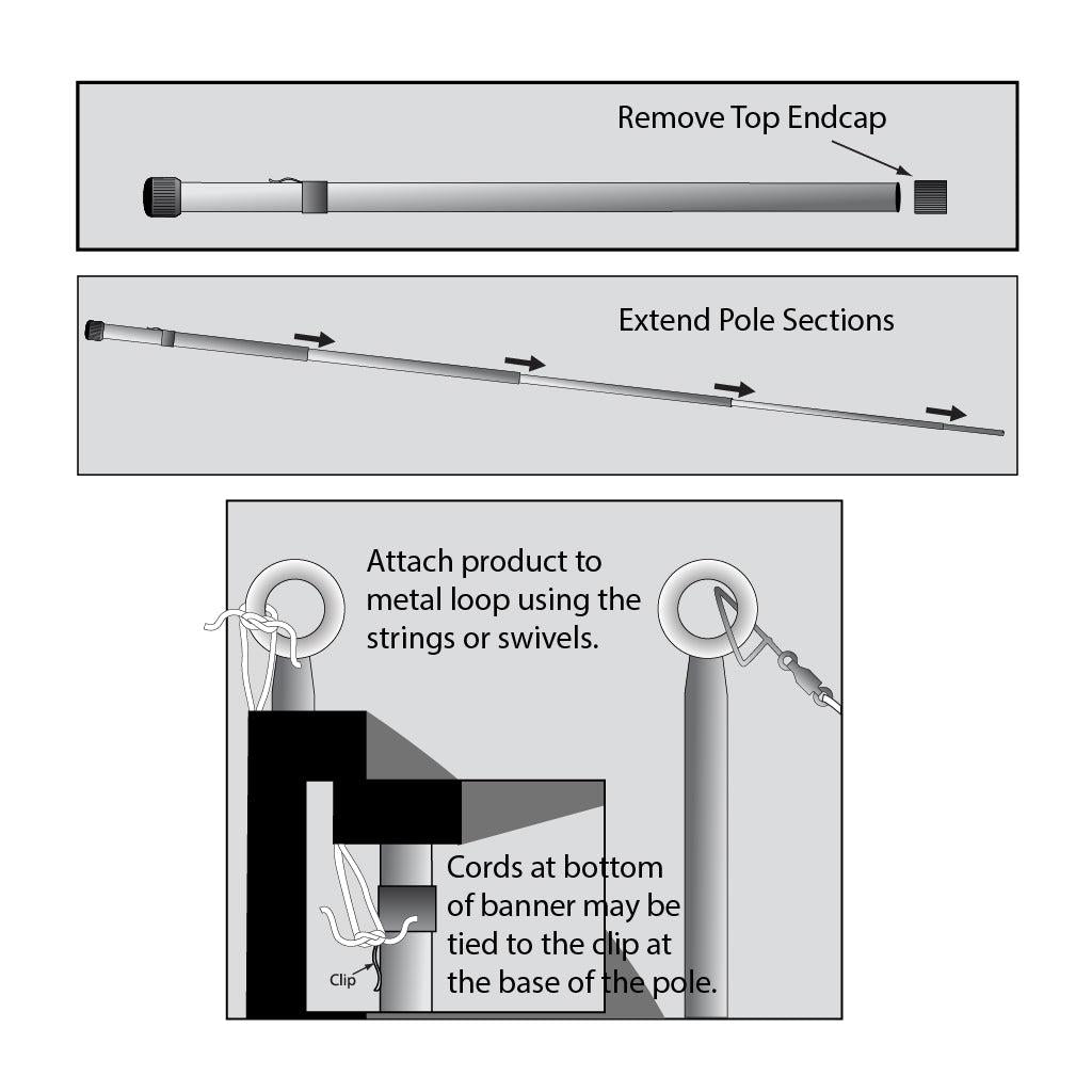 Designed for frequent outdoor use, our Telescopic Heavy-Duty Pole includes a swiveling eyelet at the top to ensure windsocks and vertical banners swing freely in changing winds.