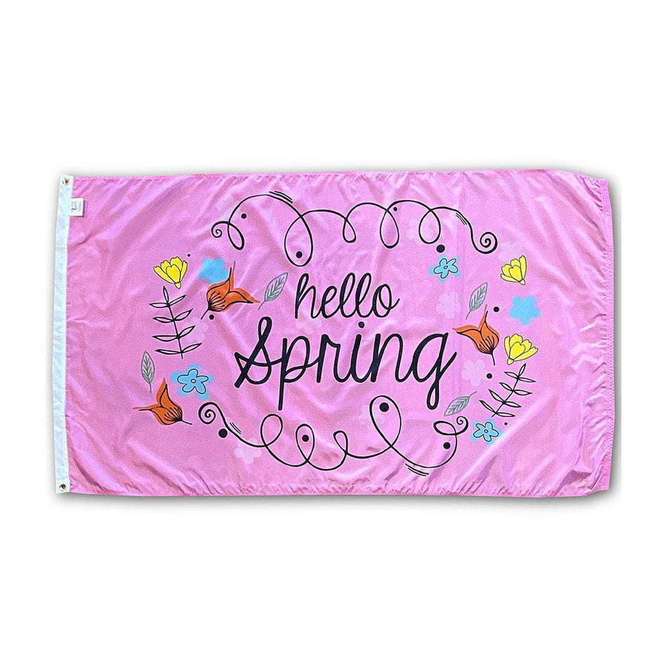 Our Hello Spring 3' x 5' Flag features whimsical flowers and "Hello Spring" message on a pink background.