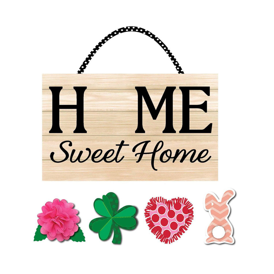 The Spring Home Sweet Home Interchangeable Door Décor lasts all spring long by simply switching out the pinned on heart, shamrock, bunny, and flower.