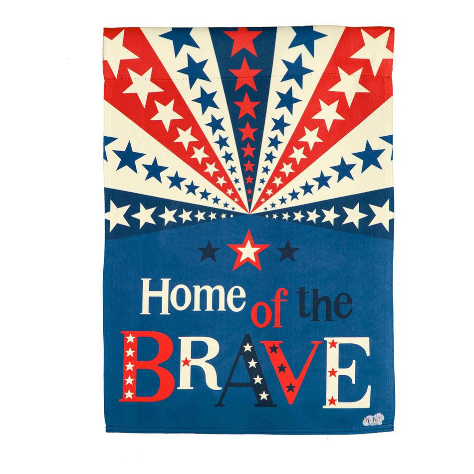 The Home of the Brave garden flag features stars and stripes fanning across the top half and the words "Home of the Brave" on the bottom half.