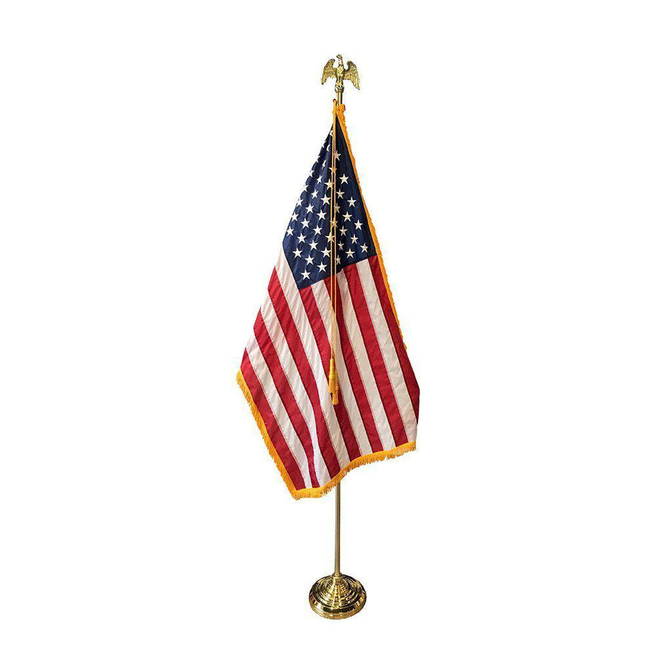 Indoor Flag Presentation Set with gold-fringed flag, eagle, adjustable pole, and gold stand