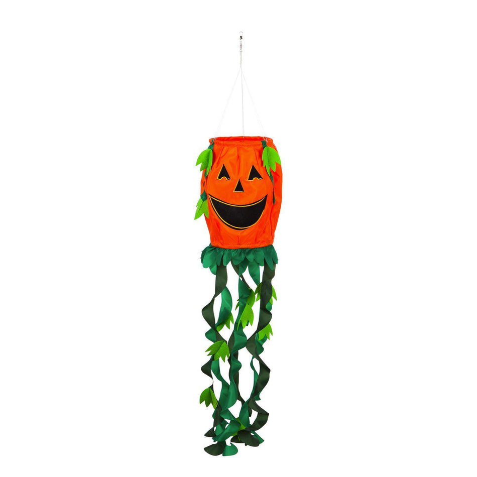 Welcome Halloween with the Jack-O-Lantern 3D windsock featuring a grinning orange jack-o-lantern with bright green vine streamers.