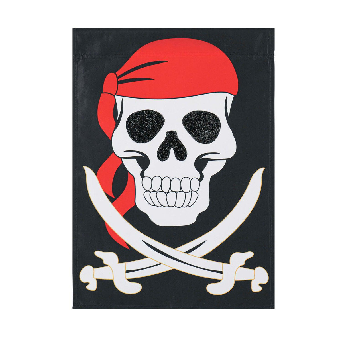 The Jolly Roger garden flag features a red-scarfed skull with crossbones that resemble swords.  
