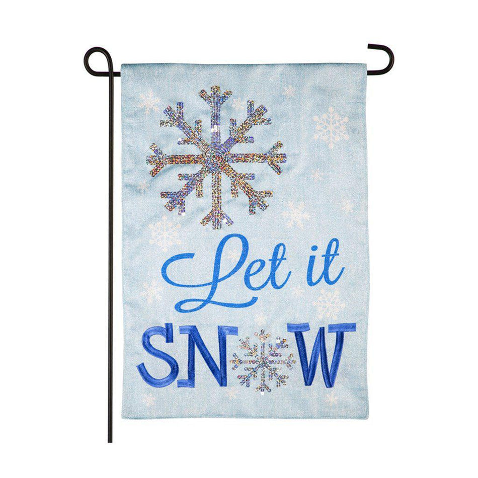 Let It Snow shimmer garden flag with glittery snowflake details