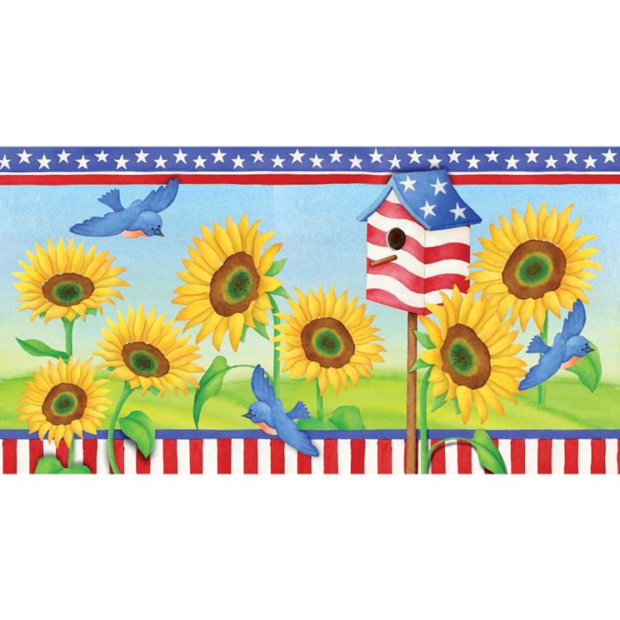 This Patriotic Sunflower windsock is a perfect way to celebrate the USA. Design features a stars and stripes motif with bluebirds and bright yellow sunflowers.