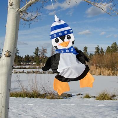 The 3D Penguin windsock has detailed appliquéd design and embroidered accents. Measuring 30”, this windsock features an adorable penguin sporting a white and blue winter hat and matching scarf.