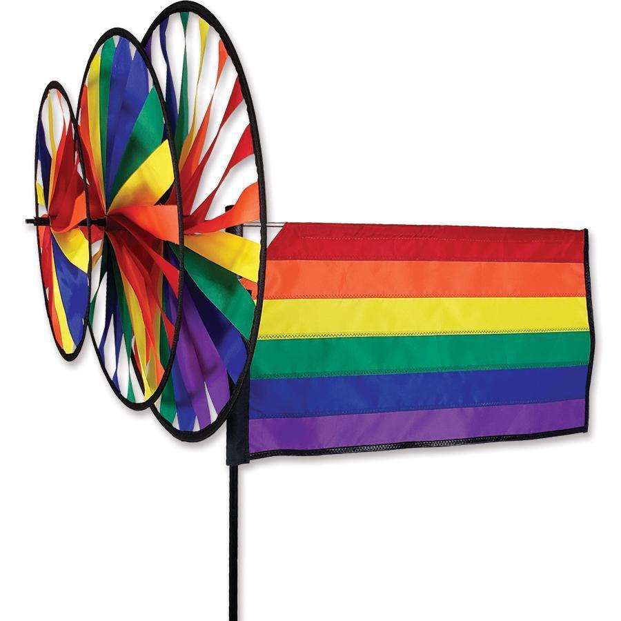 Our Rainbow Flag triple spinner features three brightly colored spinning wheels and a rotating rainbow flag.