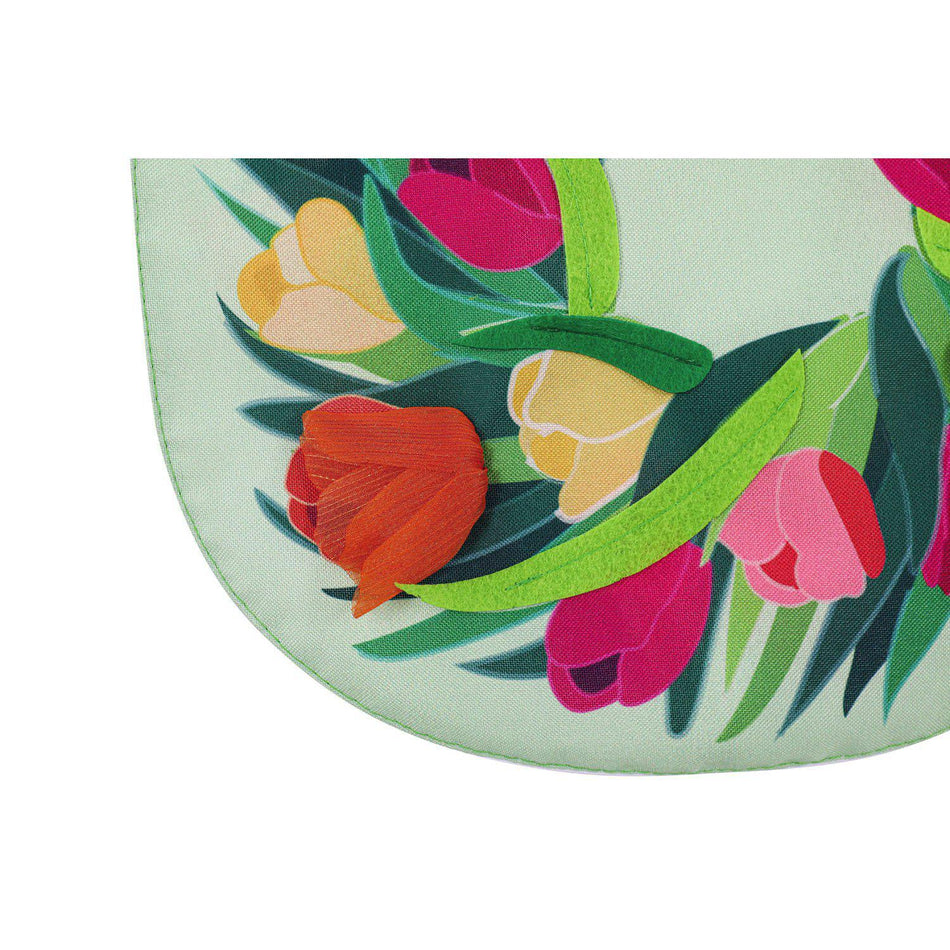 The Spring Tulip Wreath house banner features a wreath of brightly colored tulips and the word "Welcome".