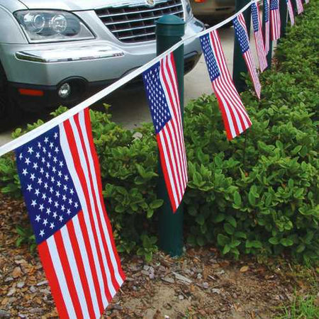 U.S. Flag Cloth Pennant Strings shown outdoors