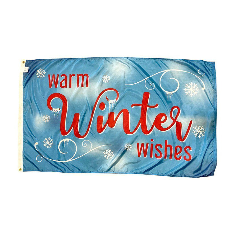 The Warm Winter Wishes 3' x 5' flag features snowflakes on a bright blue background and "Warm Winter Wishes" message.