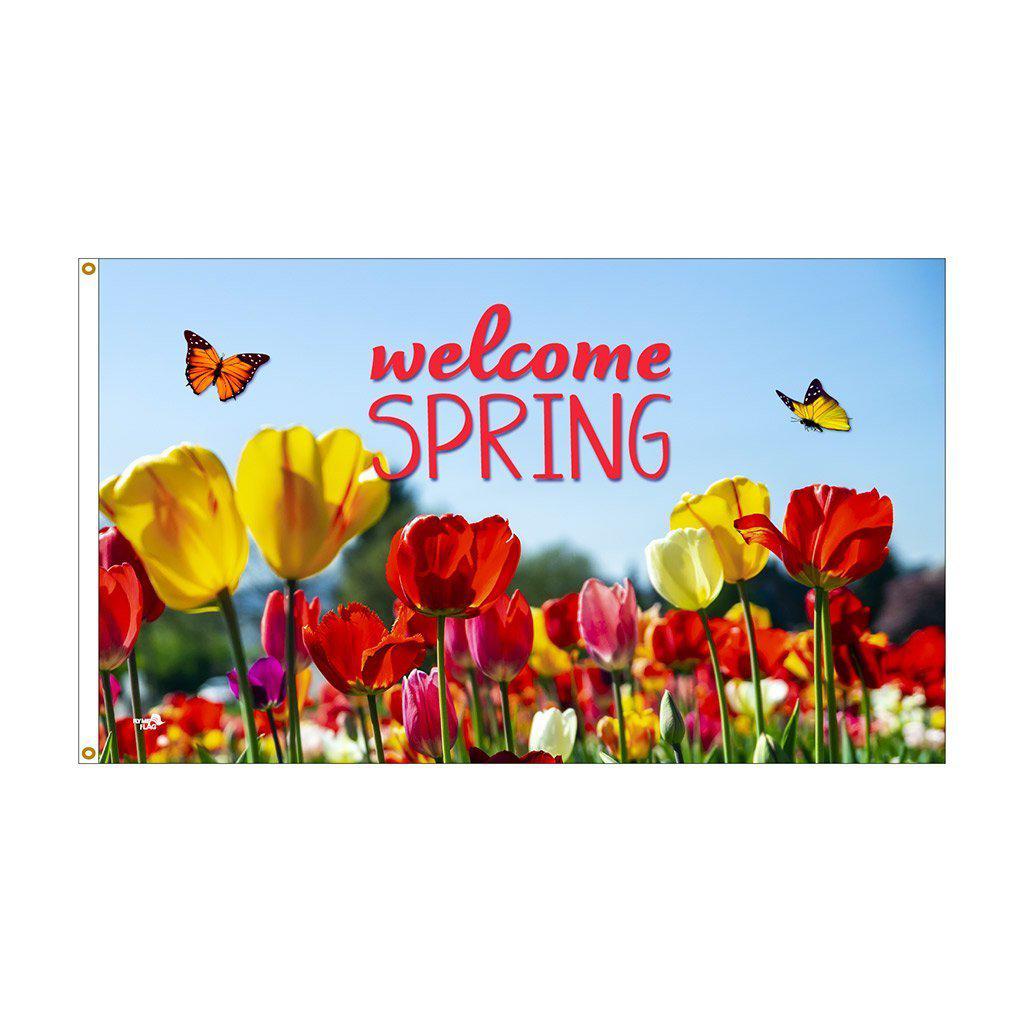 Our Welcome Spring 3' x 5' Flag features colorful tulips, butterflies, and a "Welcome Spring" message on a sky blue background.