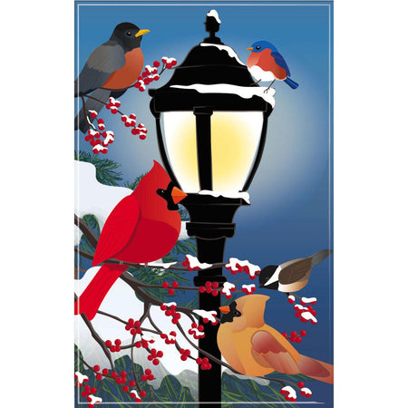 The Winter Birds on Lamp Post house banner features a variety of birds gathered around a lamp post while resting on snow-covered, berry-laden branches. 