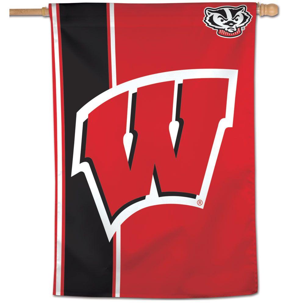 Show your pride for the Badgers with our Wisconsin Badgers house banner featuring a red and white 'W' logo against a red background with a vertical black stripe on the left side and Bucky in the top right corner!
