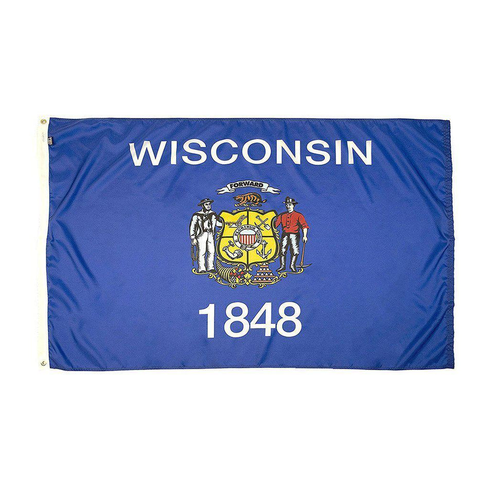 Long-lasting outdoor State of Wisconsin Flags available in 1x1.5, 2x3, 3x5, 4x6, 5x8, 6x10, 8x12, 10x15, and 12x18 sizes
