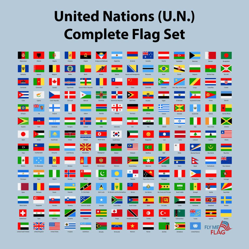 United Nations Complete Flag Sets are available in 2'x3', 3'x5', 4'x6', and 5'x8' sizes.