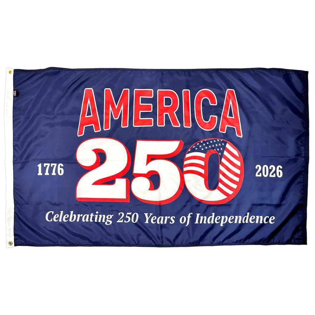 A patriotic flag with the text 'America 250 Years, 1776-2026' made for outdoor display