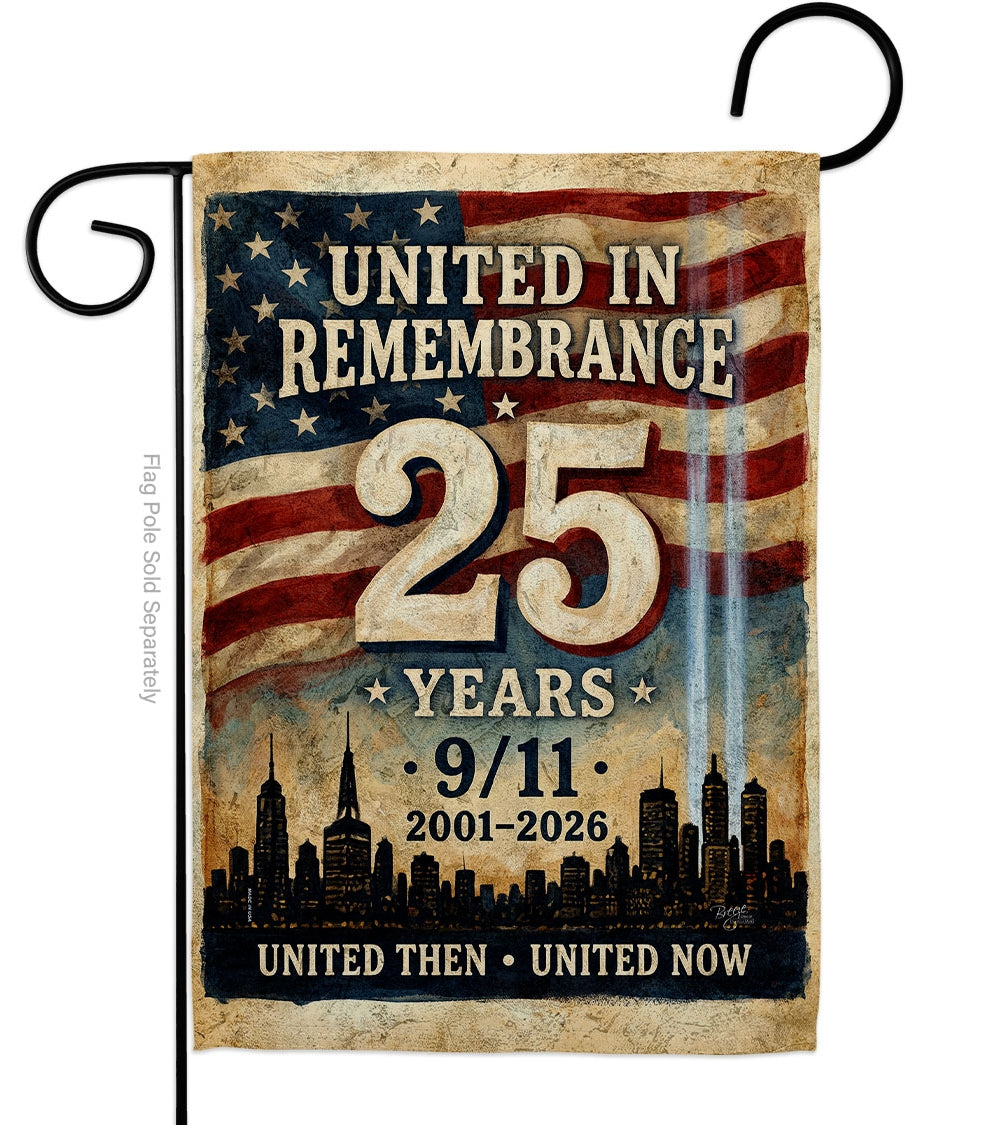 Honor 25 years since September 11 with this 9/11 memorial garden flag featuring a vintage American flag, NYC skyline and United in Remembrance message.