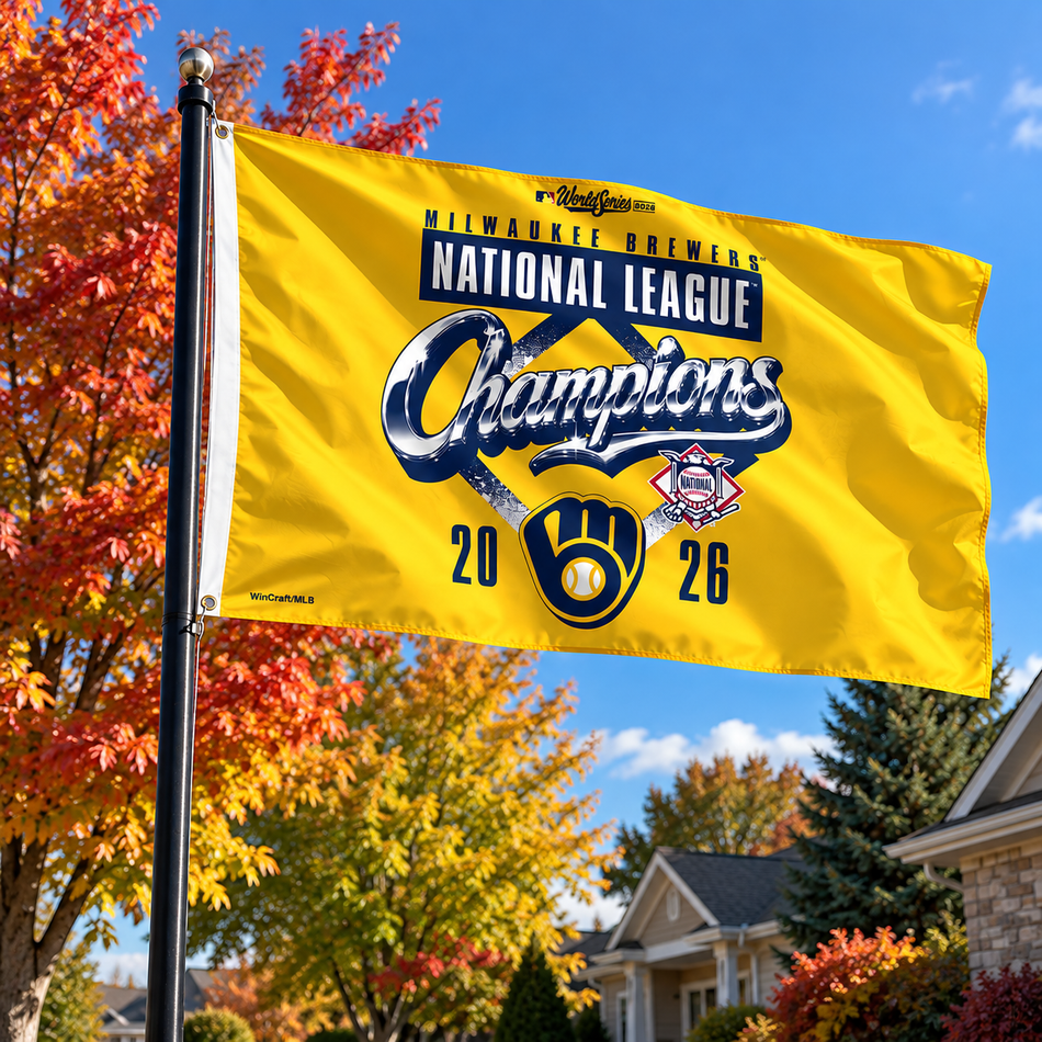 Milwaukee Brewers 2026 National League Pennant Champions Flag Flying Outdoors on a Flagpole