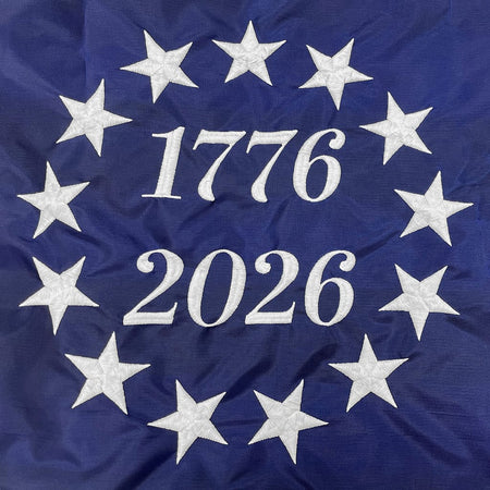 Close up of Betsy Ross Flag showing 1776-2026 Years and Embroidered Stars for America's 250th Celebration, Made in the USA