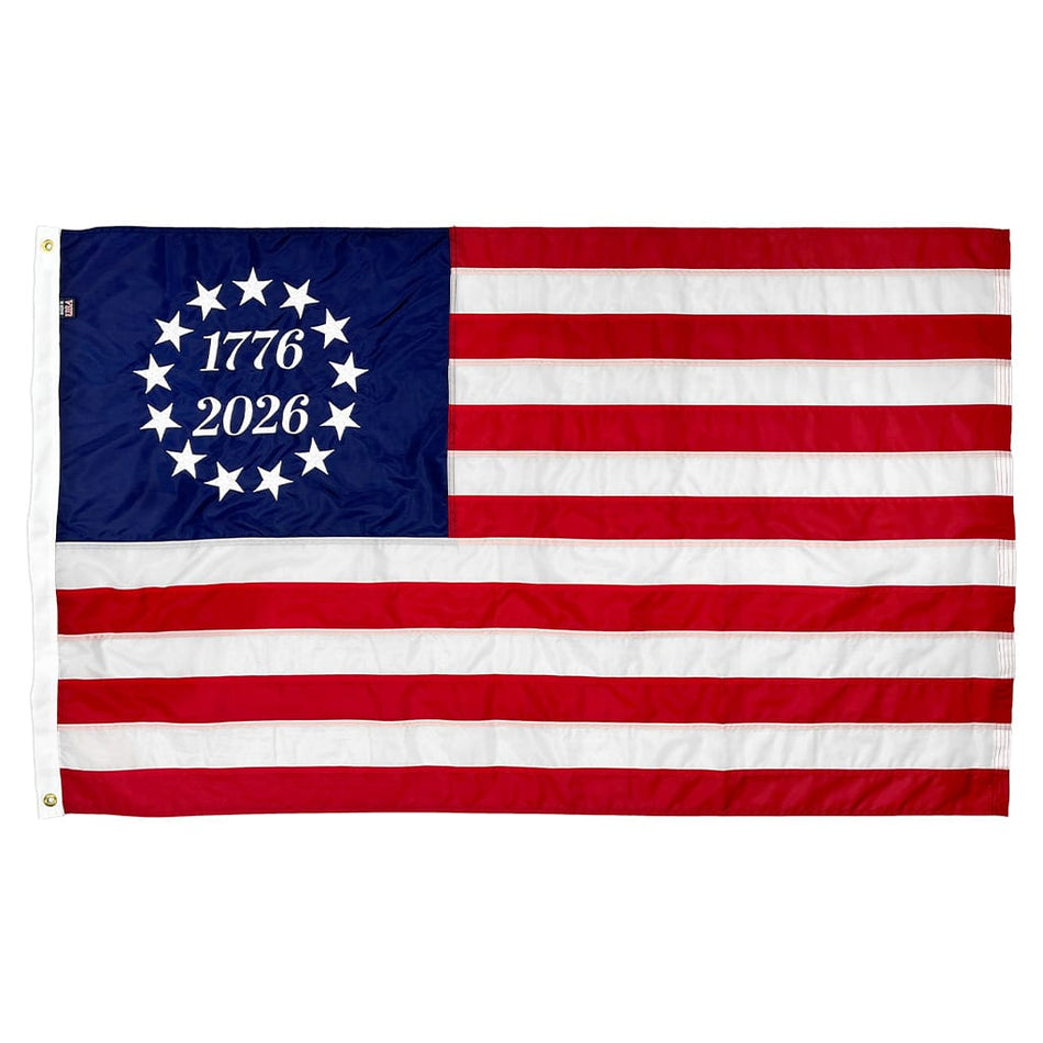 Limited Edition Betsy Ross Flag for America's 250th Anniversary, embroidered stars and 1776-2026 years in the circle - for outdoor display or commemorative use.
