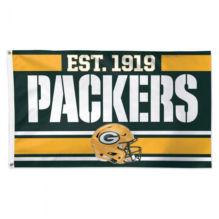 Show your pride of team when you fly our Green Bay Packers Established  3' x 5' Deluxe Flag! Constructed for outdoor use with premium durable fabric, two grommets, and quality stitching including a quad stitched fly end. 