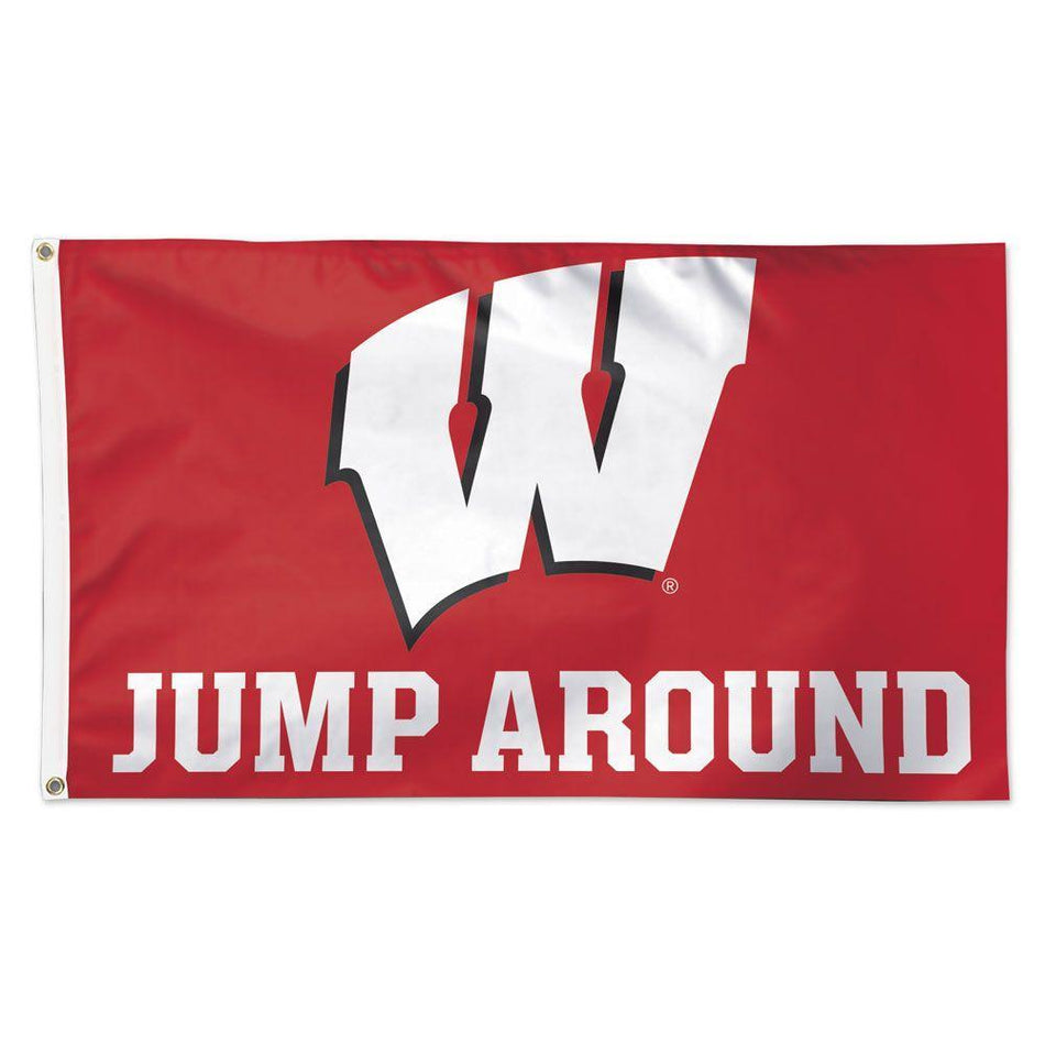 Show your team pride when you fly this Wisconsin Badgers Jump Around 3' x 5' Deluxe Flag featuring a white "W" on a red background and the words "Jump Around" in white across the bottom!